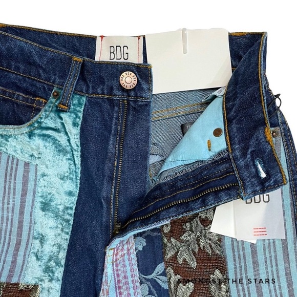 BDG Patchwork Velvet Jacquard High Waisted Wide Leg Blue Jeans - Picture 6 of 7